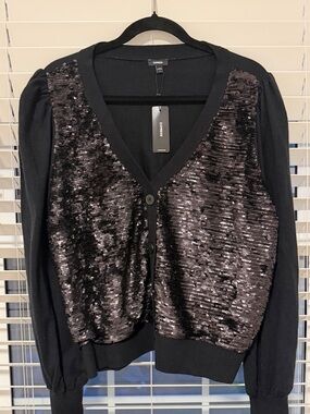 Express Women's Sequin Long Sleeve Button Front Cardigan Sweater Top XL black
